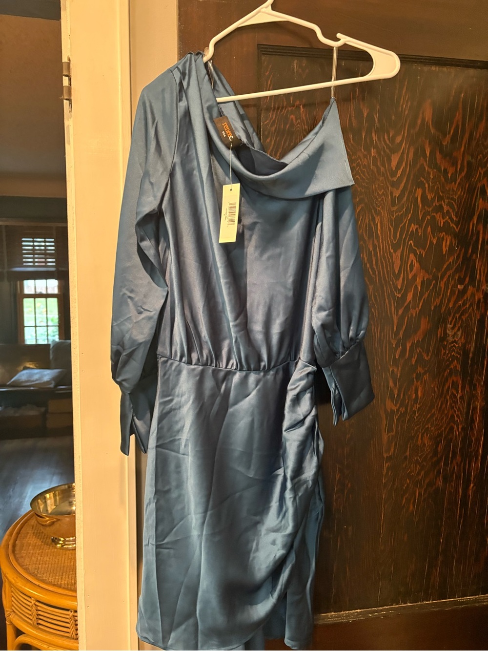 Renee C. One-Shoulder Satin Dress in Steel Blue